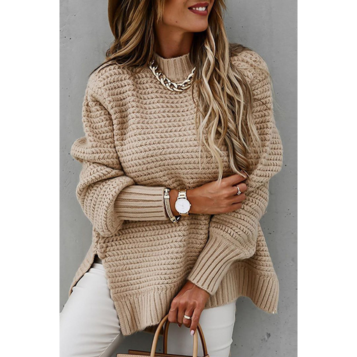 Casual Round Neck Solid Color Cute Sweater