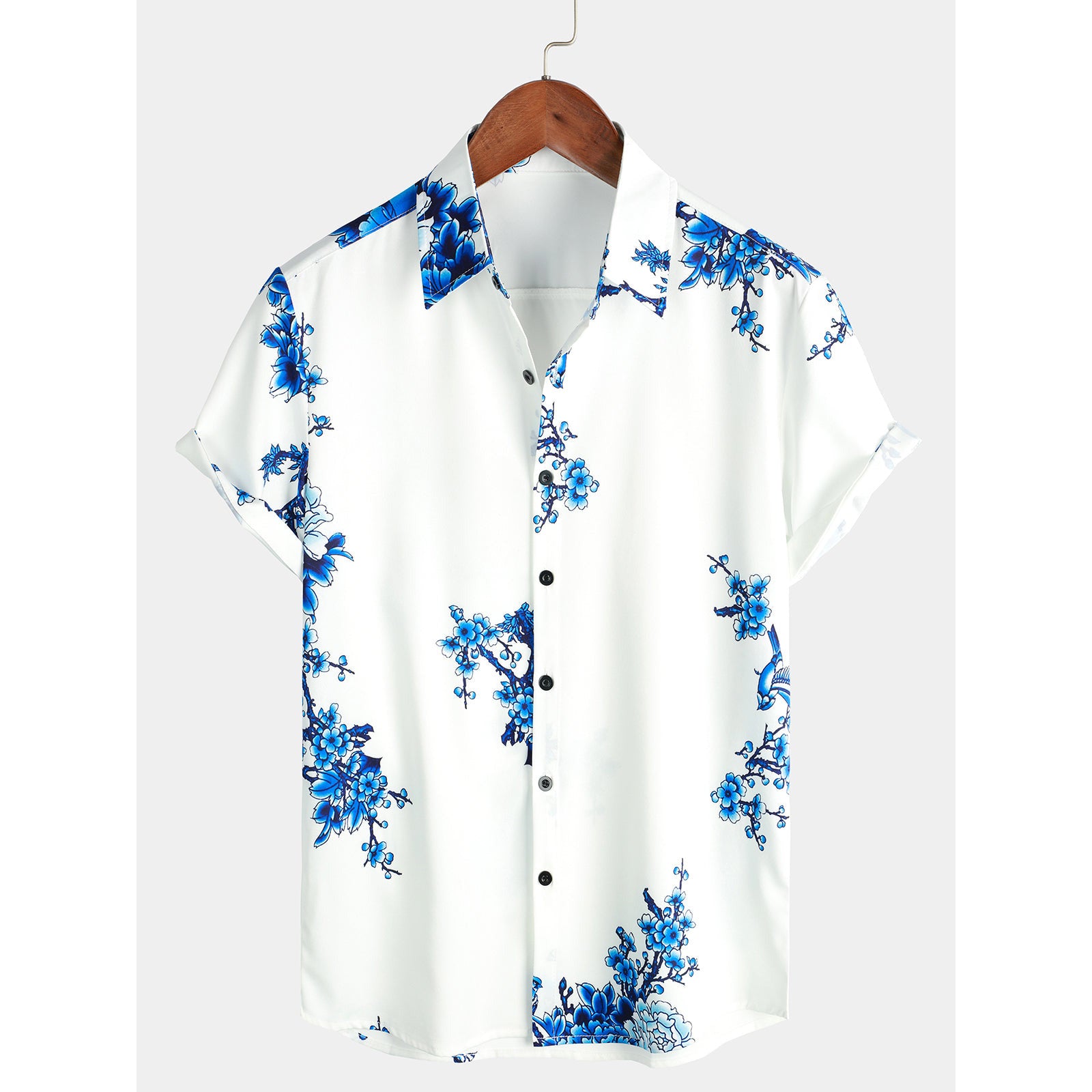 Men's Blue Floral Printed Button Up Casual Short Sleeve Shirt