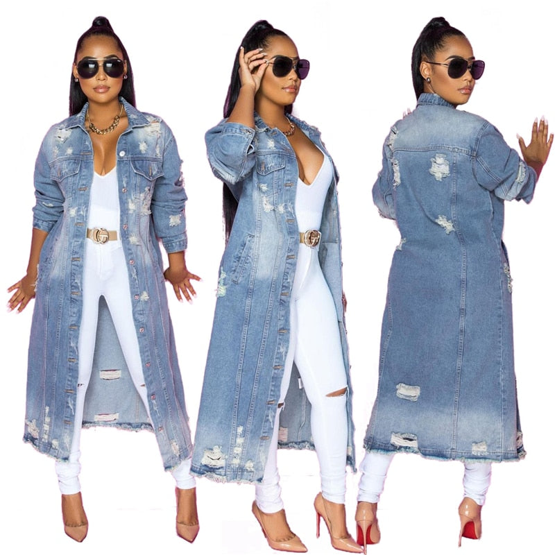 Blue Casual Solid Ripped Turndown Collar Long Sleeve Regular Denim Jacket Coat