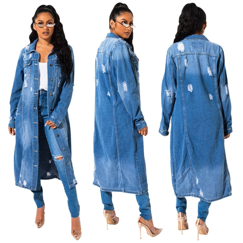 Blue Casual Solid Ripped Turndown Collar Long Sleeve Regular Denim Jacket Coat