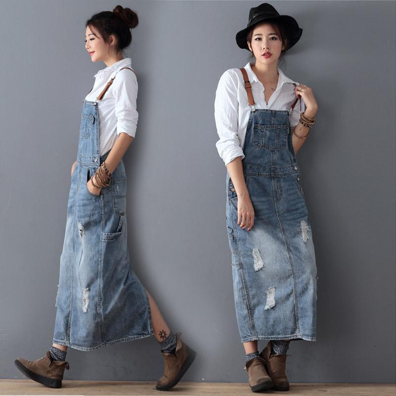 Renna™ - Ripped denim overall dress