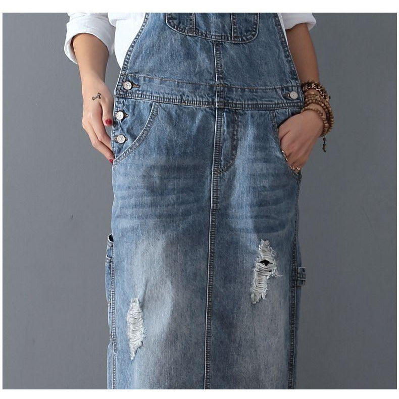 Renna™ - Ripped denim overall dress