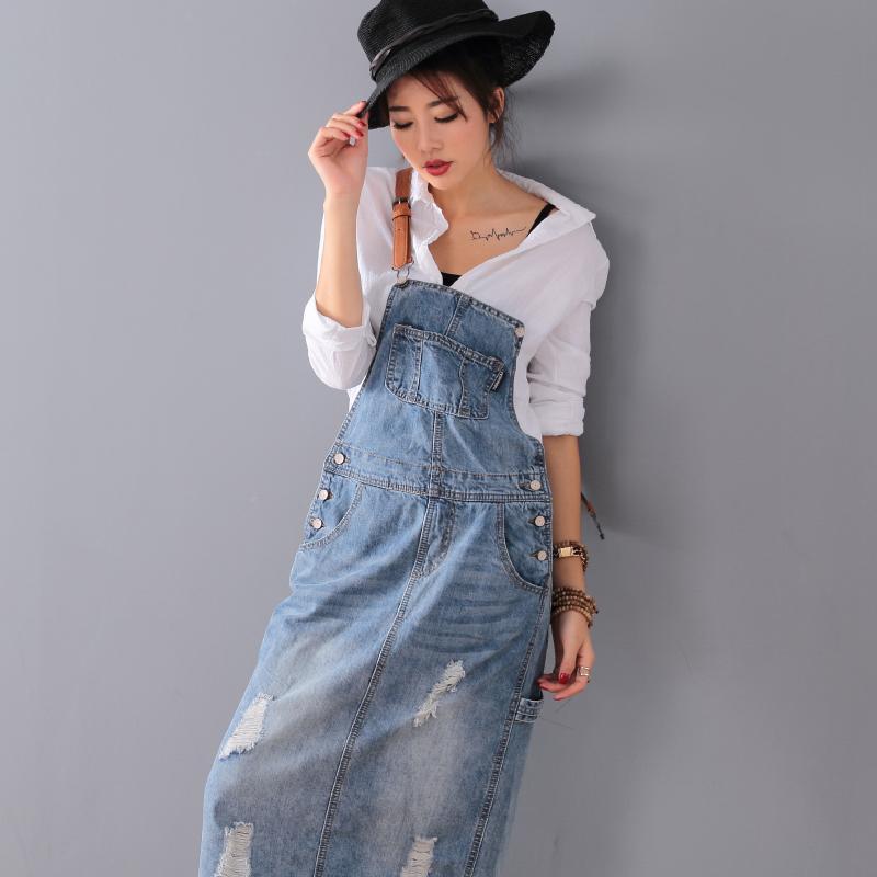 Renna™ - Ripped denim overall dress